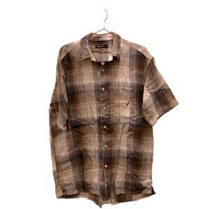 Nautica linen gray green blue plaid button down shirt size large short sleeve
